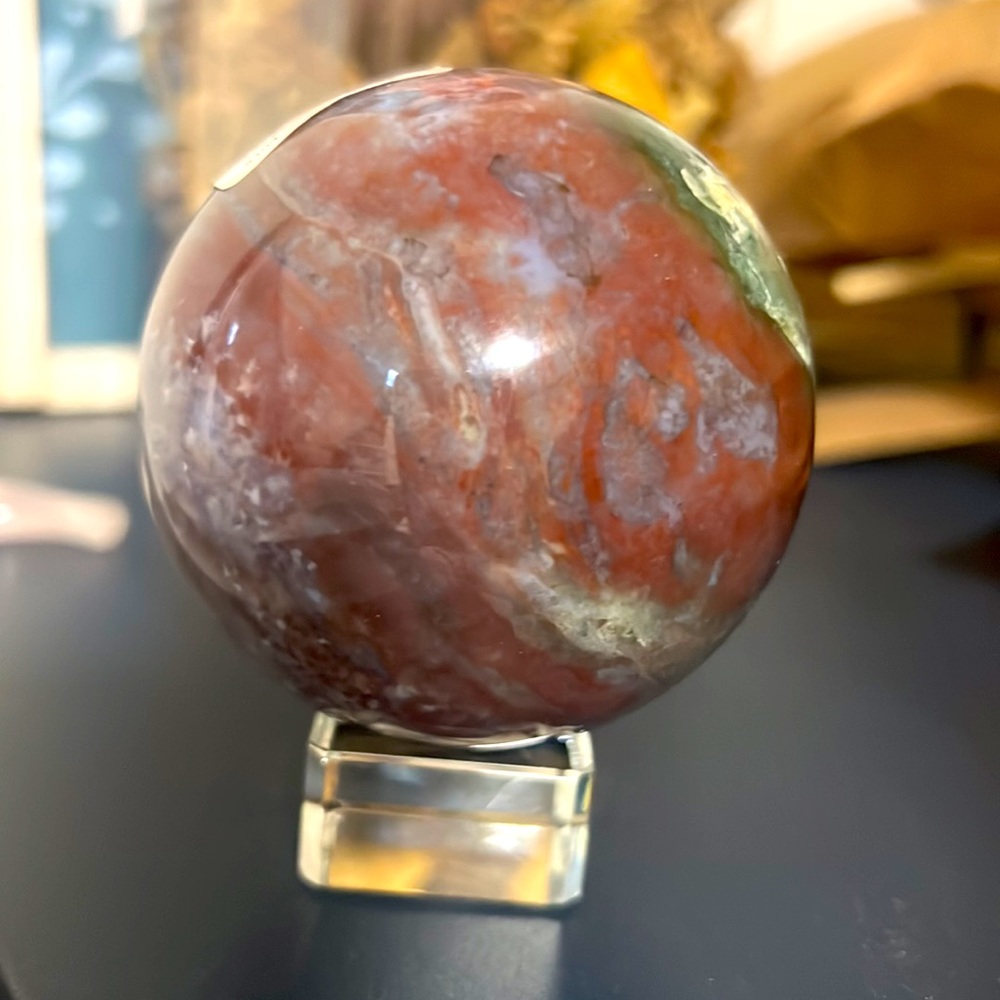 Large Purple Moss Agate Sphere with stand NWT